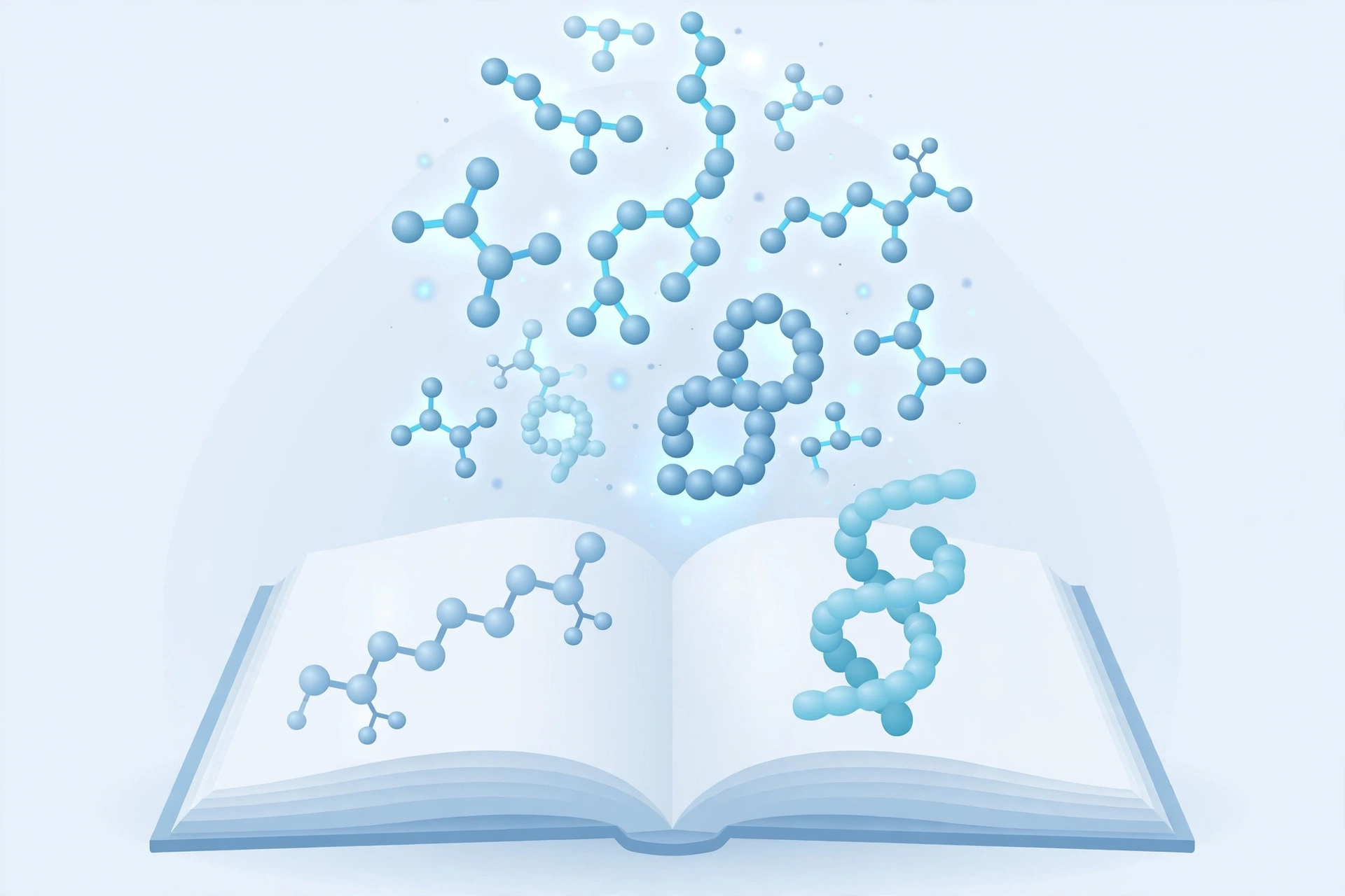 Open book with peptide molecule illustrations