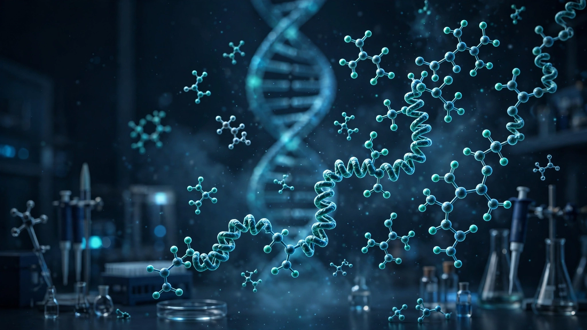 Abstract illustration of peptide molecules on a dark blue background