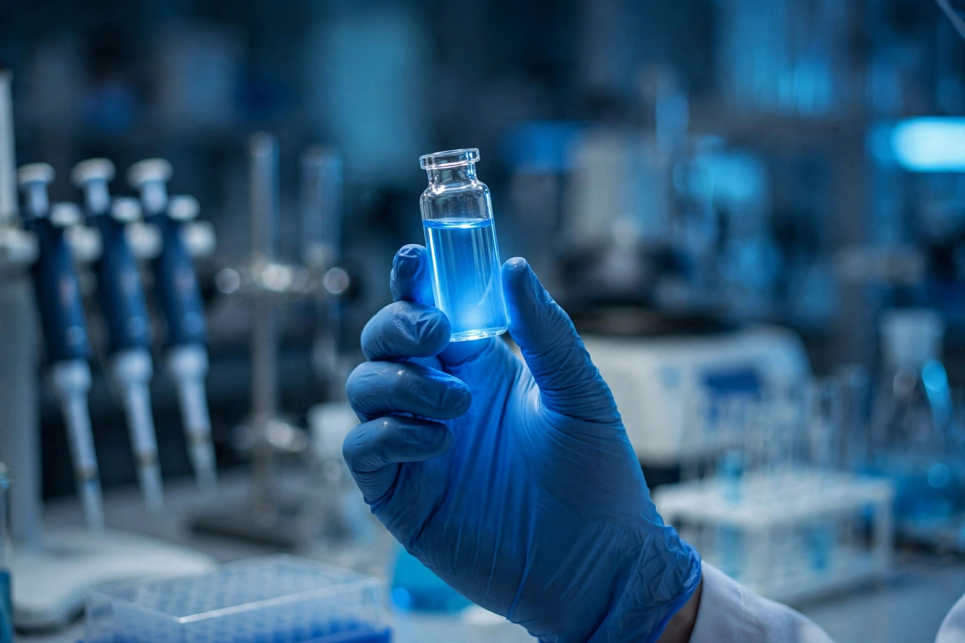 Research lab vial held in a gloved hand